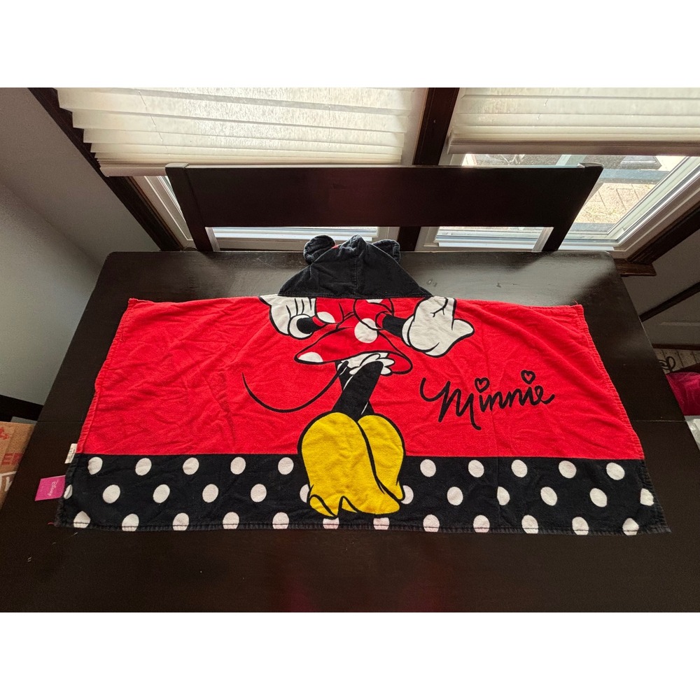 Disney Minnie Mouse Kids Hooded Towel Wrap Red Black Polka Dot 22 x 51 Cotton